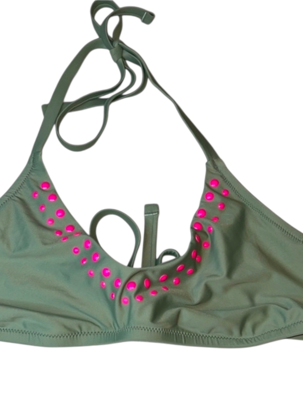 NWT Aerie Swim Triangle Halter Bikini Top Dark Olive Green with Pink Dots Medium